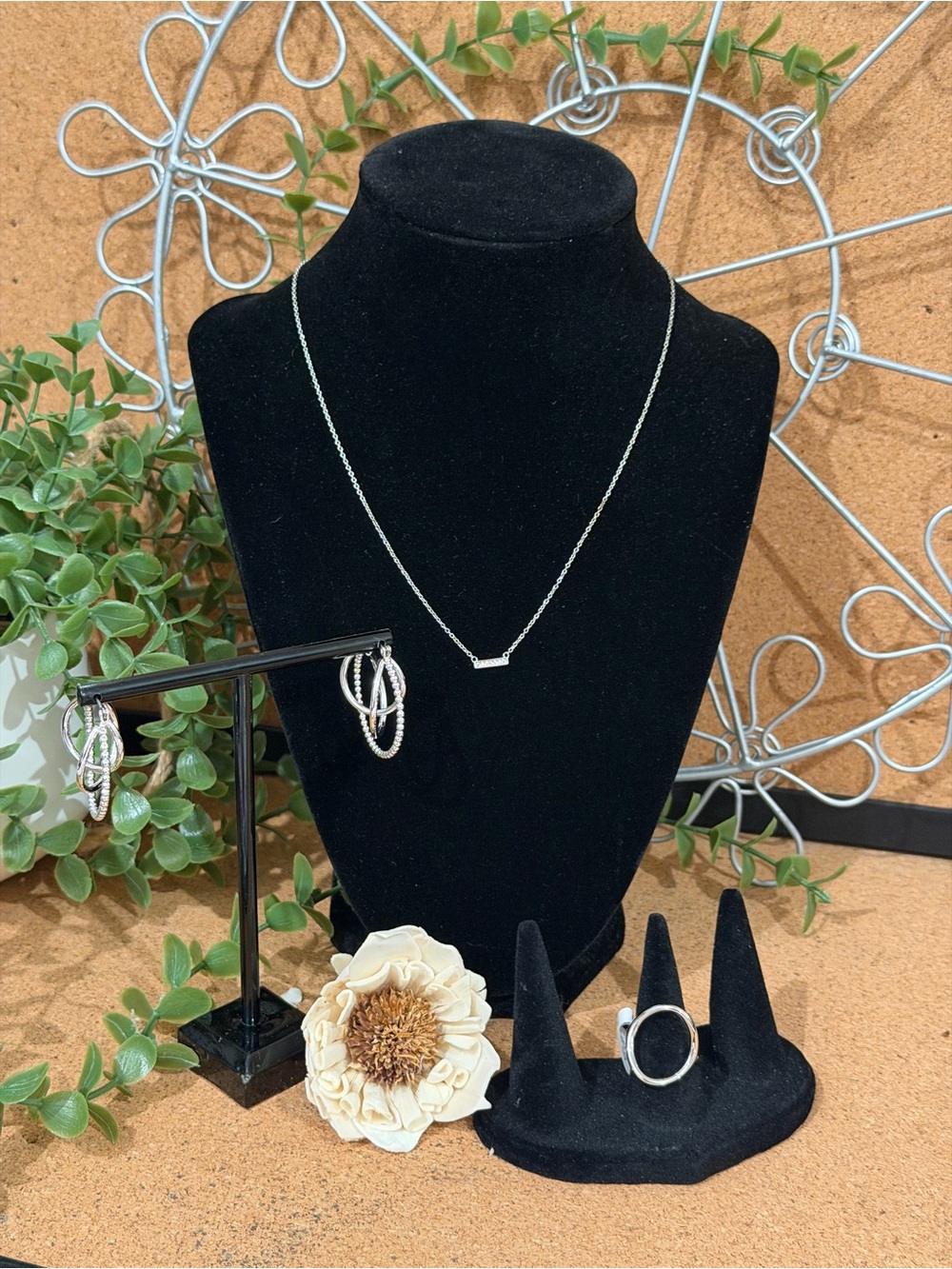 Plunder Delicate Silver Bar Minimalist Necklace, Hoop Drop Earrings & Ring Set